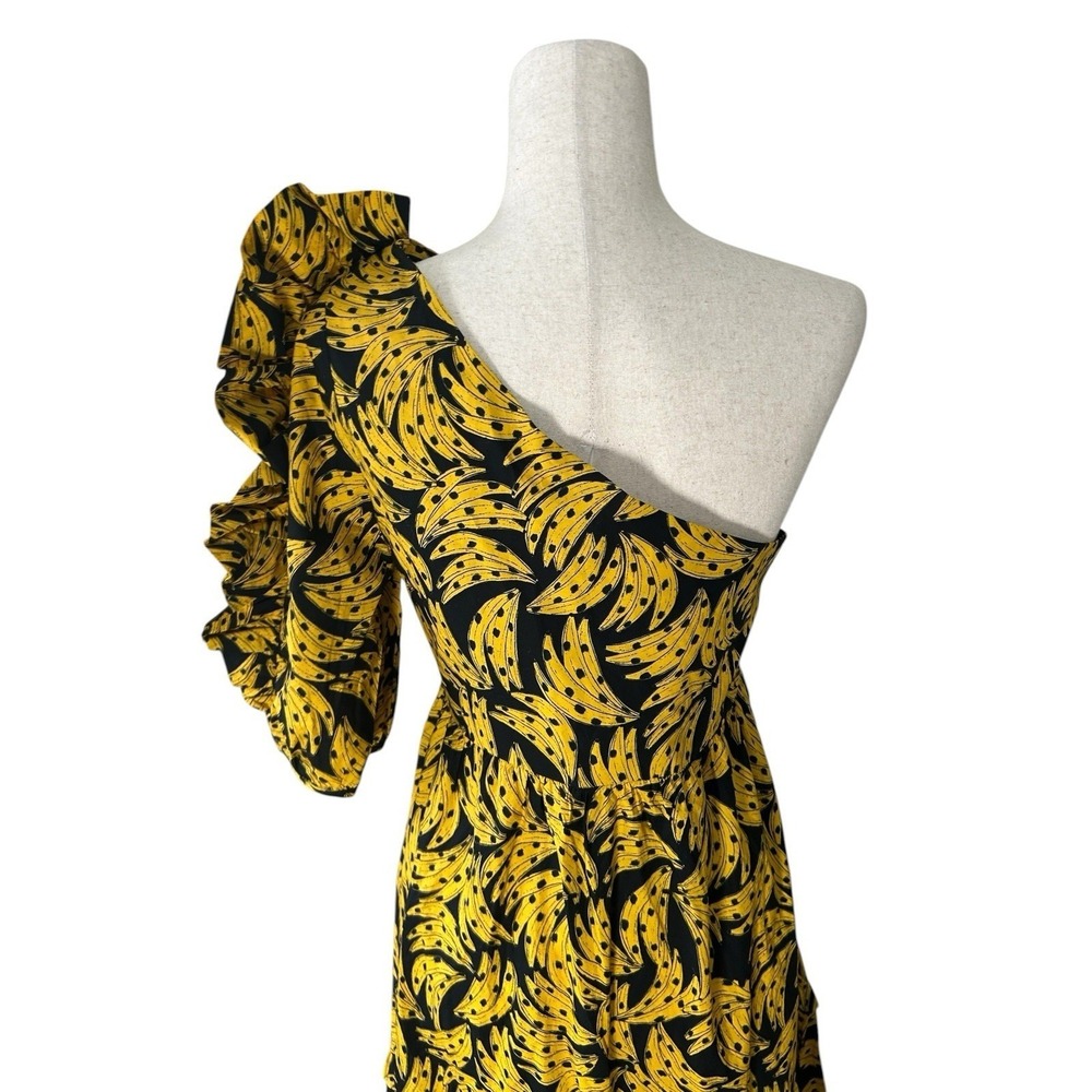 NEW Farm Rio Cotton Poplin One-Shoulder Black Bananas Midi Dress Cotton Medium - Picture 8 of 13
